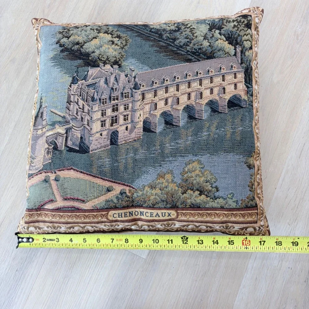 VNTG Chenonceaux France Chateau Tapestry Throw Pillow Woven Castle Decor 16x16